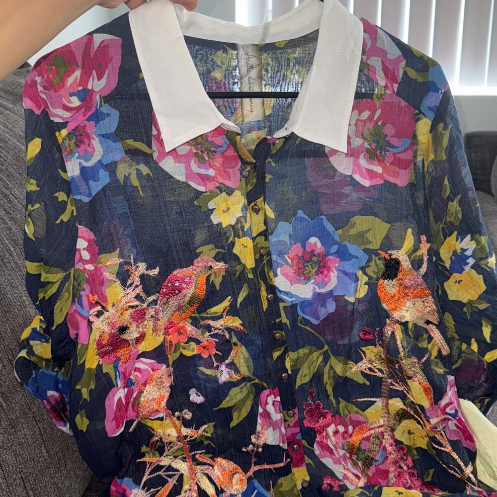 NWT aratta silent journey floral embroidered bird long sleeve button up bohemian - Picture 8 of 8